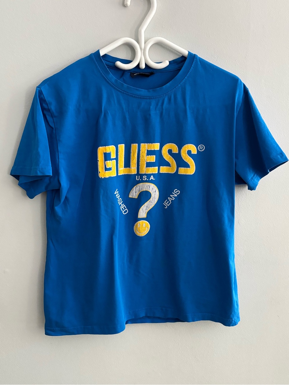 GUESS U.S.A. Graphic Smiley Face Tee Blue Yellow Question Mark Size XL Flawed